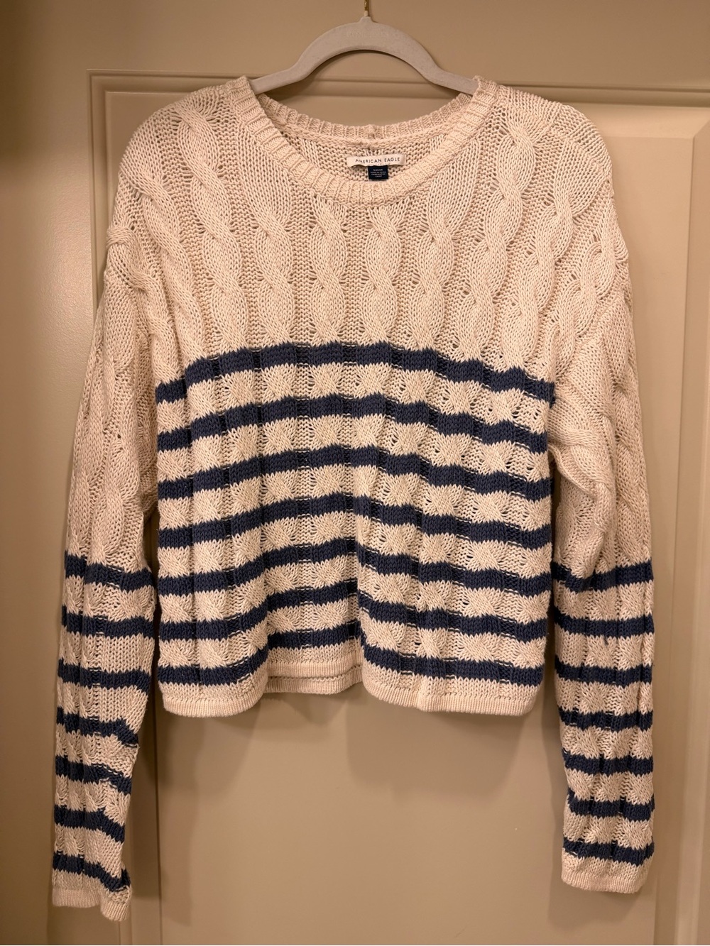 American Eagle Outfitters Cream Cable Knit Sweater with Navy Stripes